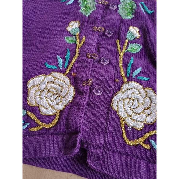 STORYBOOK KNITS Women Sz M Floral Beaded Cardigan Sweater Purple Grandma - Picture 4 of 8